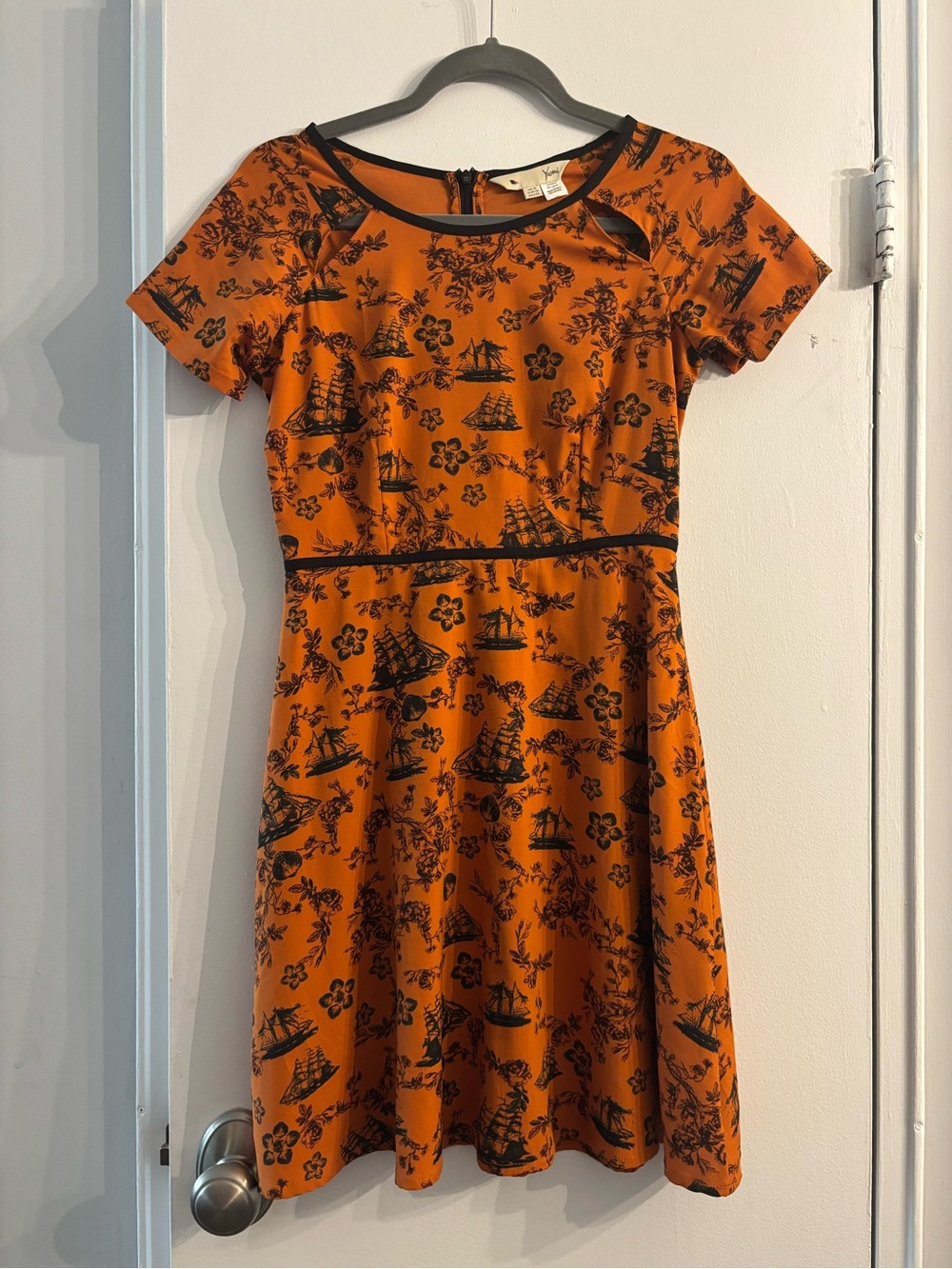 Yumi Orange Mini Dress with Black Nautical Print Asian a line fit and flare